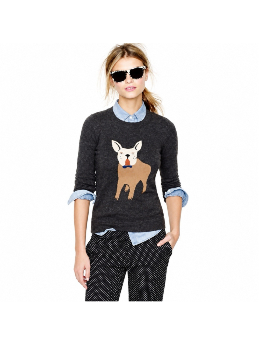 J Crew French Bulldog Intarsia Wool Cashmere Blend Novelty Sweater M